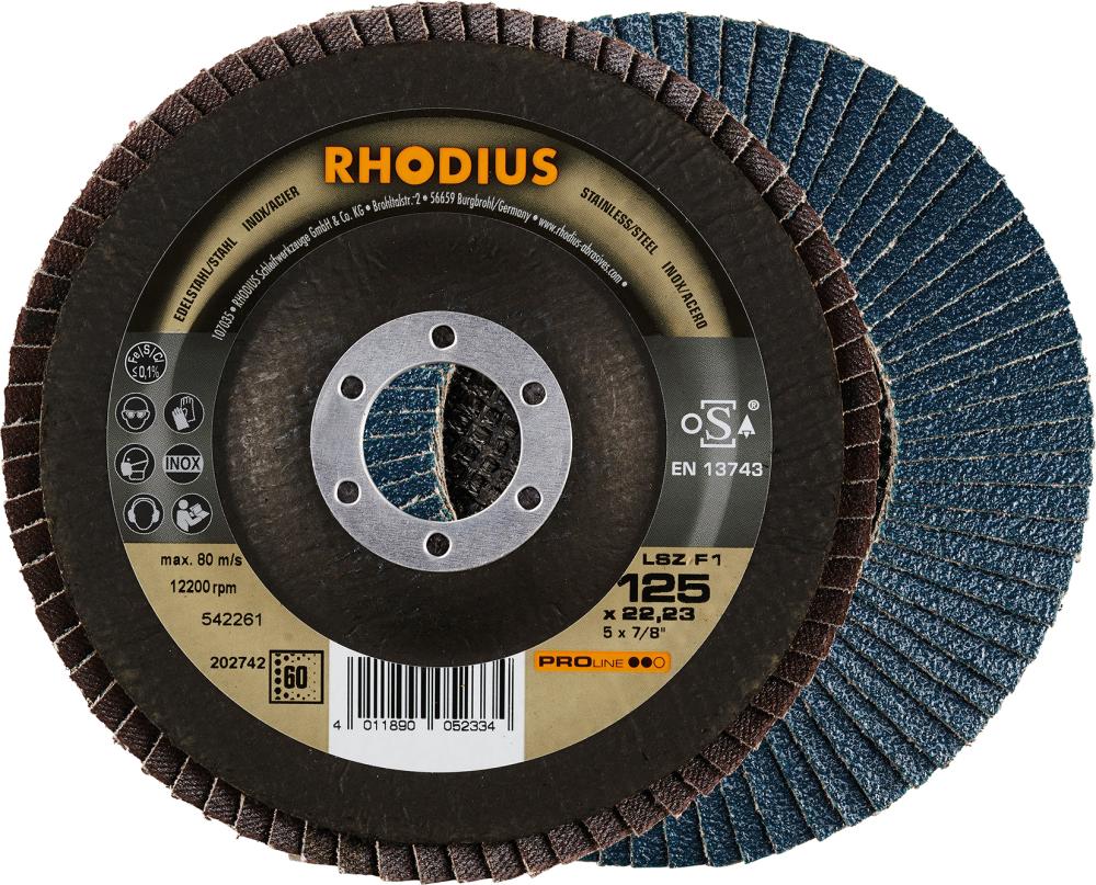 Flap disc for treated steels, 125mm, curved, grit 40, zirconium-corundum, PROLINE, RHODIUS