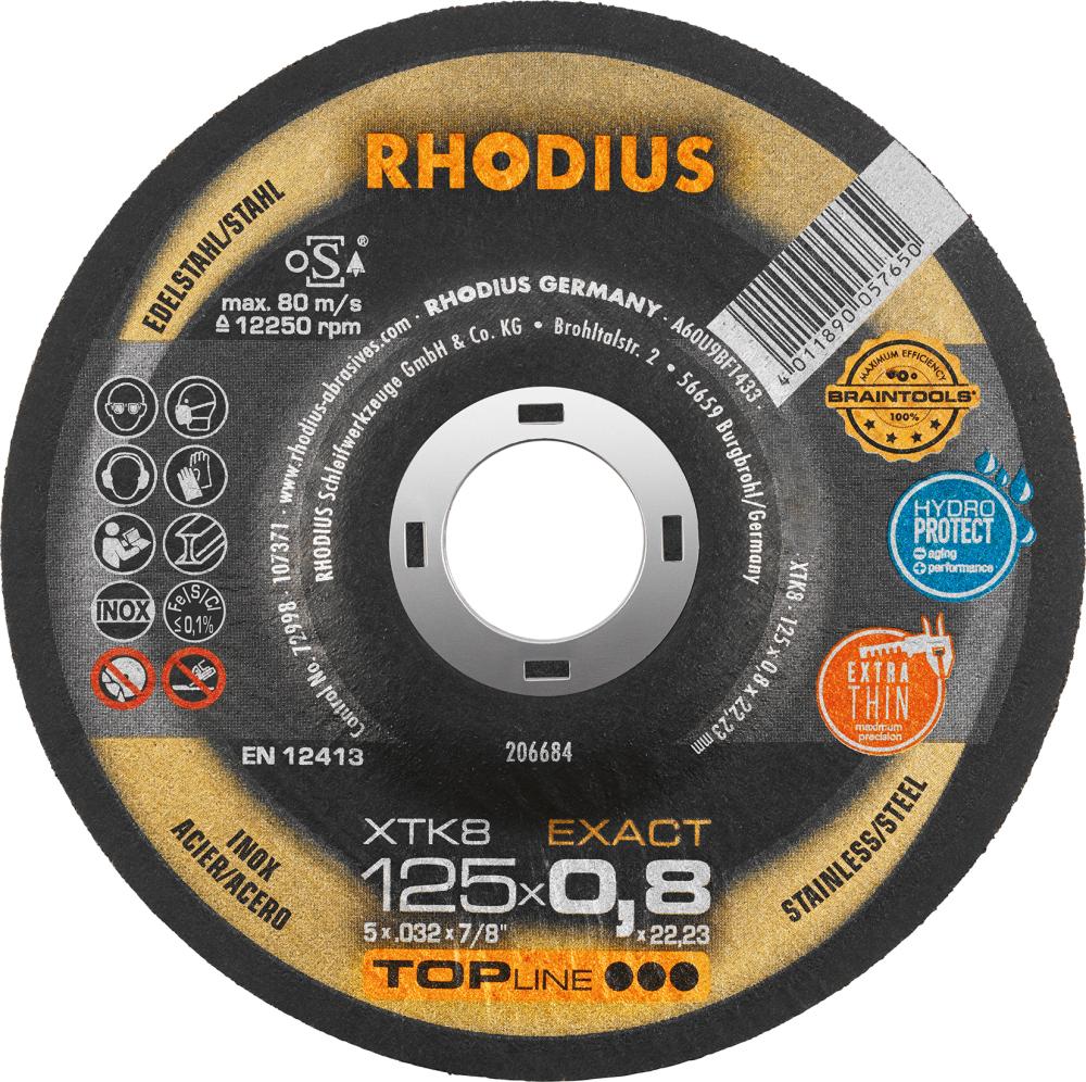 Cutting disc for stainless steel, 115x0.8mm, curved, TOPLINE, RHODIUS