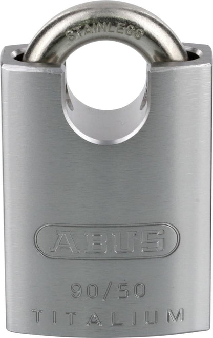 Aluminum padlock 90RK/50 TITALIUM™, 50 x 81.5 x 19.5mm, stainless steel ring with protective sleeve, 2 keys, ABUS