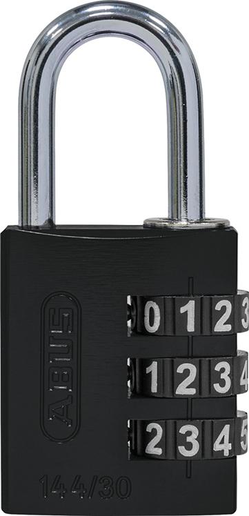 Combination padlock 144, 30 mm, black, 3-digit combination, aluminum body, spring ring, ABUS