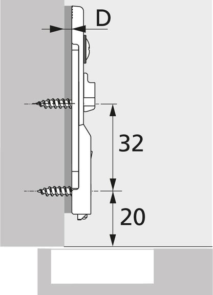 Linear mounting plate with direct height adjustment, nickel-plated, drilling line 20 x 32 mm, screw mounting, distance 1.5 mm, HETTICH