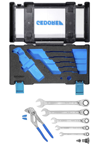 Combination wrench set, with ratchet and pliers, 8-19mm, 10 pieces, GEDORE