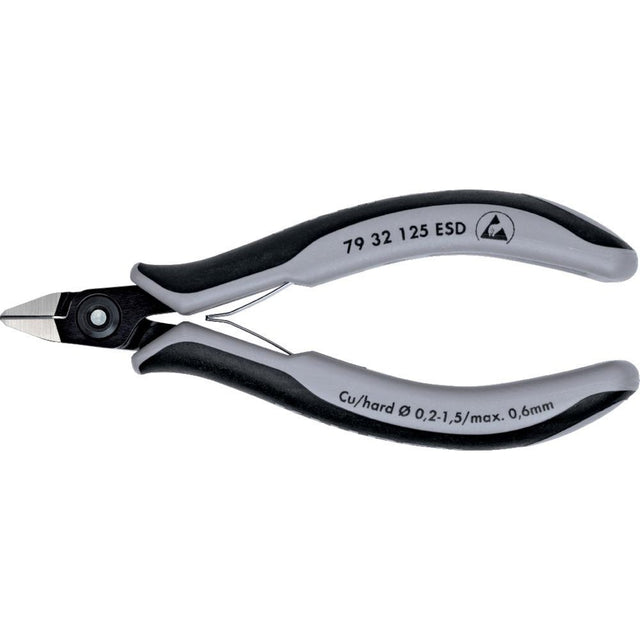 Cleste ESD, de precizie, cu tais lateral, pentru electronisti, 125mm, cap ascutit, faseta foarte mica, 79 32 125 ESD, KNIPEX - sefira.ro