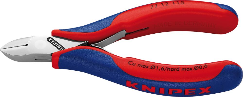 Side-cutting pliers for electronics, 115 mm, round head, with small bevel and wire clamp, KNIPEX