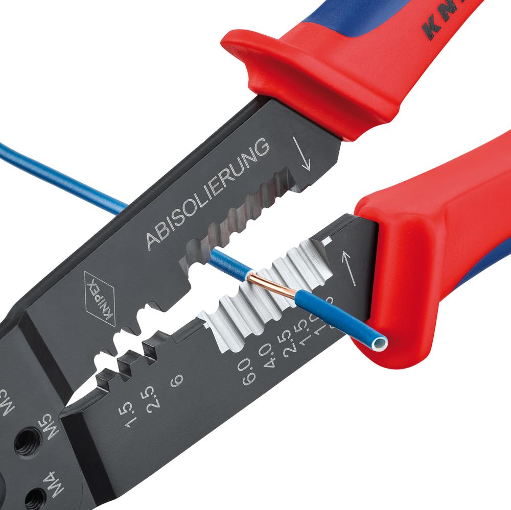 Crimping pliers for cable lugs 0.75-6 + 0.5-2.5mm², 240mm, 3 crimping slots, KNIPEX