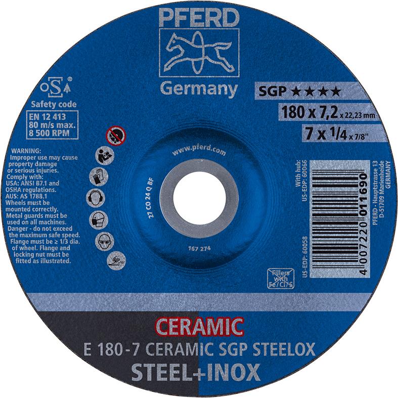 CERAMIC SGP STEELOX grinding disc for steel, stainless steel, 115x7.2mm, curved, PFERD