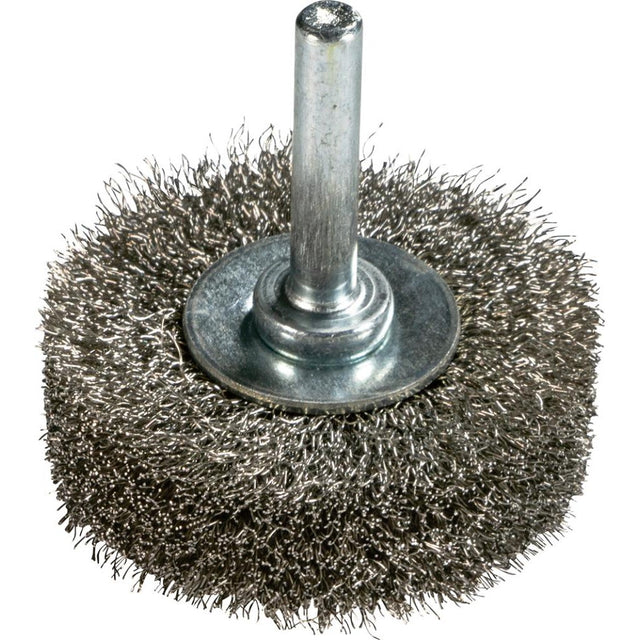 Perie de sarma din inox V4A, rotunda, cu coada 6mm, diam. 50mm, sarma 0.2mm ondulata, ZEINTRA - sefira.ro