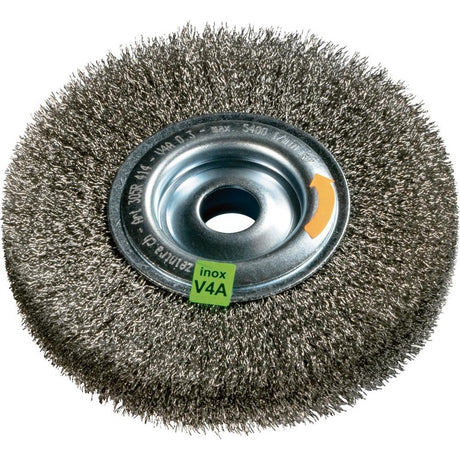 Perie de sarma din inox V4A, rotunda, diam.200mm, sarma 0,3mm ondulata, prindere 20mm, ZEINTRA - sefira.ro