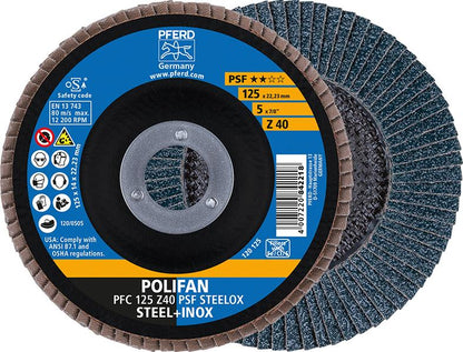 Flap disc for steel, stainless steel, 115mm, straight, grit 40, zirconia-corundum, PFERD