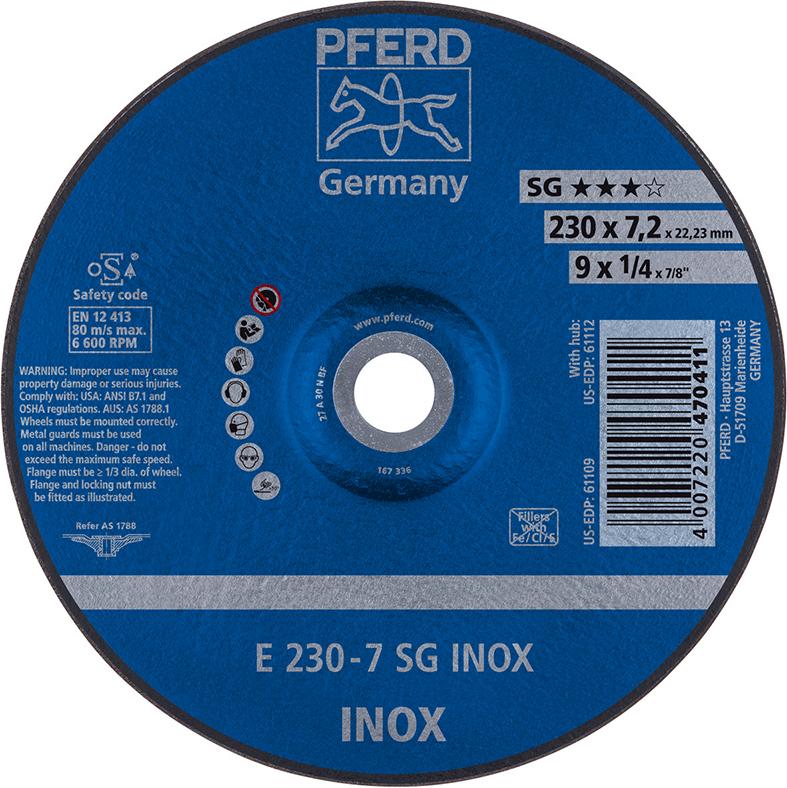 Disc de polizat SG INOX pentru inox, 115x7,2mm, curbat, PFERD