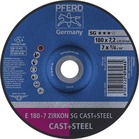 ZIRKON SG CAST + STEEL grinding disc for steel, cast iron, 178x7.2mm, curved, PFERD