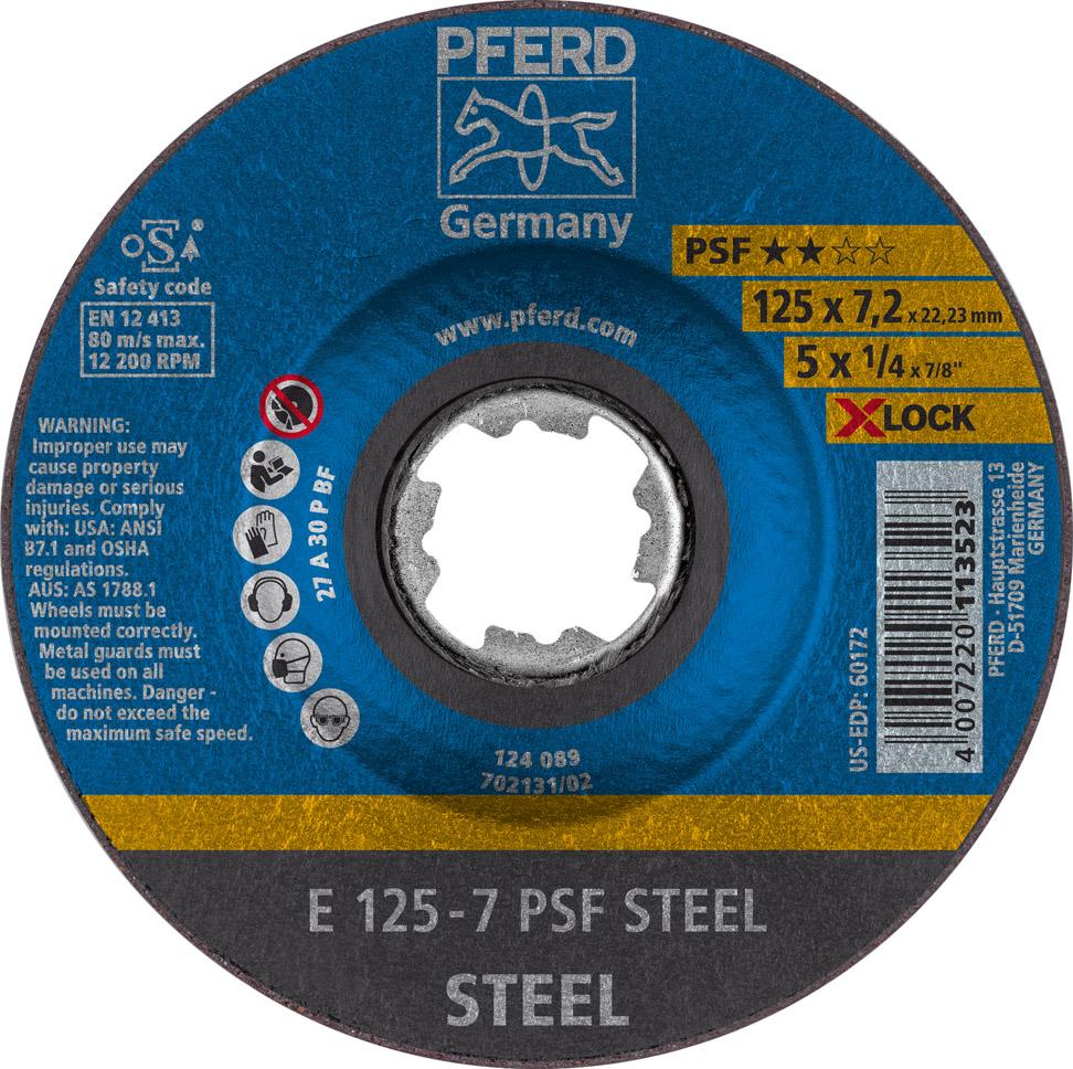 X-LOCK PSF STEEL grinding disc, for steel, 115x7.2mm, curved, PFERD