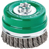 Perie de sarma, inox V2A, tip oala, inel de protectie, Ø 80mm, 0.5mm rasucita, prindere M14x2.0, LESSMANN - sefira.ro