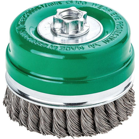 Perie de sarma, inox V2A, tip oala, inel de protectie, Ø 80mm, 0.5mm rasucita, prindere M14x2.0, LESSMANN - sefira.ro