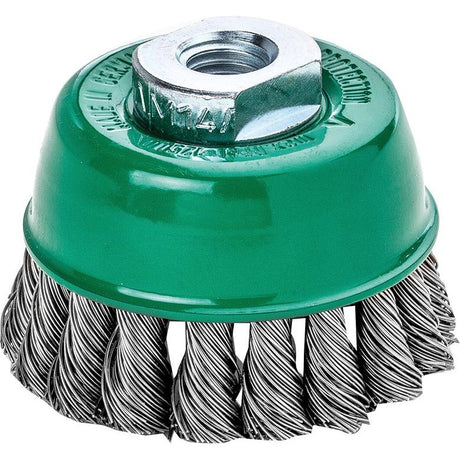 Perie de sarma din inox V2A, tip oala, diam.65mm, sarma 0.5mm rasucita, prindere M14x2.0, LESSMANN - sefira.ro