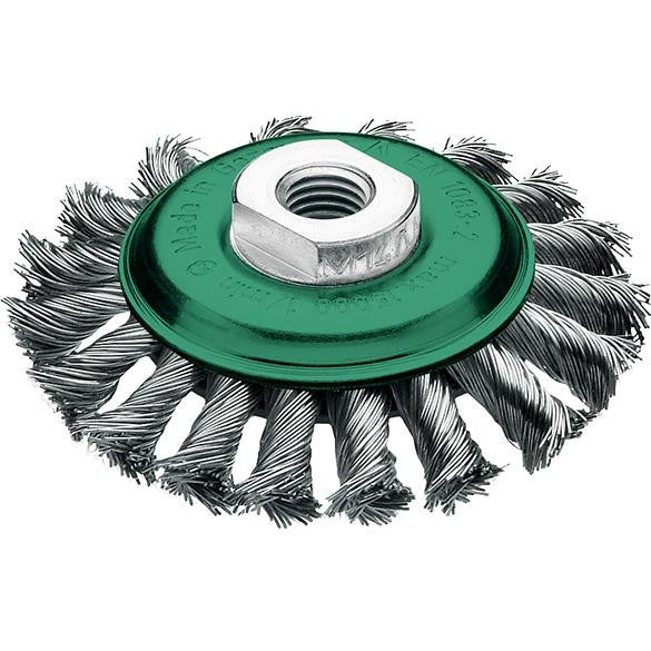 Perie de sarma din inox V2A, conica, diam.100mm, sarma 0.5mm rasucita, prindere M14x2.0, LESSMANN - sefira.ro