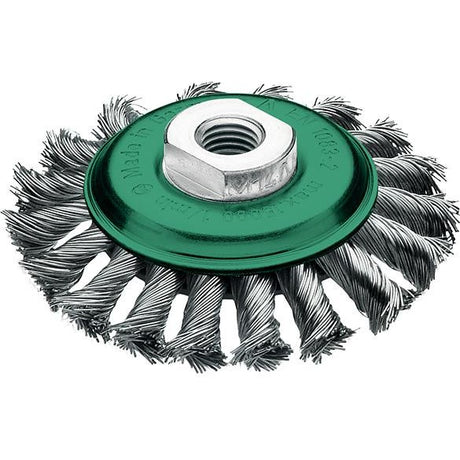 Perie de sarma din inox V2A, conica, diam.100mm, sarma 0.5mm rasucita, prindere M14x2.0, LESSMANN - sefira.ro