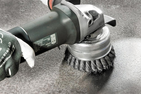 Perie de sarma, otel, tip oala cu inel de protectie, Ø 100mm, sarma 0.5mm rasucita, M14x2.0, LESSMANN - sefira.ro