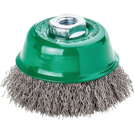 Perie de sarma din inox V4A, tip oala, sarma 0.3mm ondulata, diam.65mm, prindere M14x2.0, LESSMANN - sefira.ro