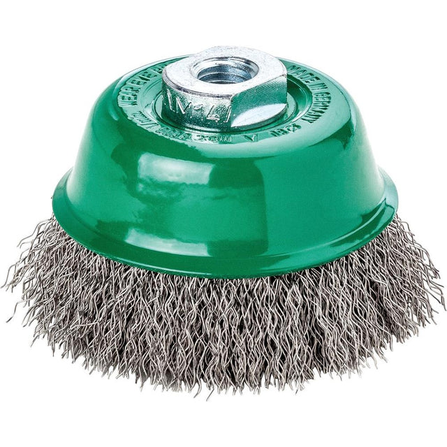 Perie de sarma din inox V4A, tip oala, sarma 0.3mm ondulata, diam.65mm, prindere M14x2.0, LESSMANN - sefira.ro