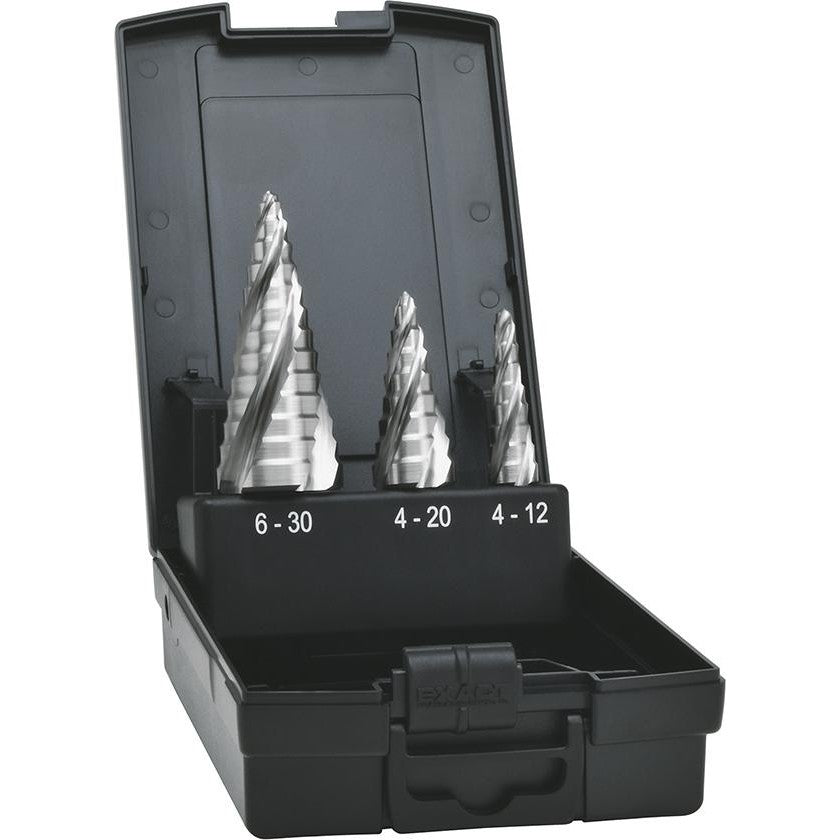 Set burghie HSS, in trepte, universal, ADVANCED LINE® cu 4 caneluri spiralate, Ø 4-30mm, 3buc, EXACT - sefira.ro