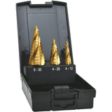 Set burghie HSS, in trepte, TiN, ADVANCED LINE® cu 4 caneluri spiralate, Ø 4-30mm, 3 buc, EXACT - sefira.ro