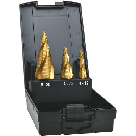 Set burghie HSS, in trepte, TiN, ADVANCED LINE® cu 4 caneluri spiralate, Ø 4-30mm, 3 buc, EXACT - sefira.ro