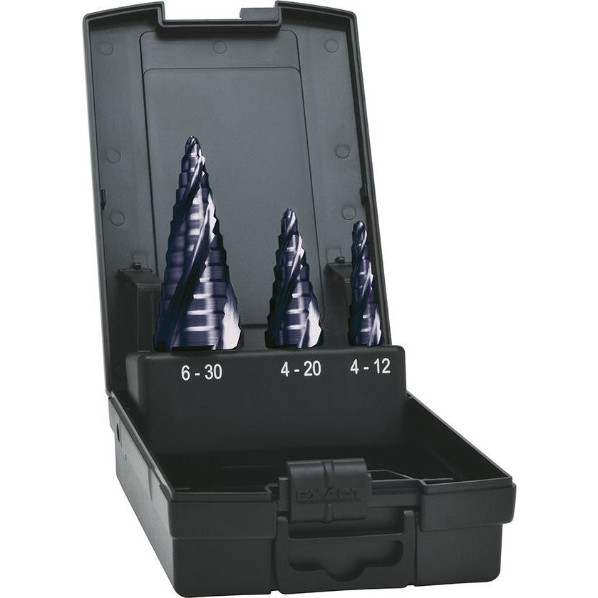 Set burghie HSS, in trepte, TiAIN, ADVANCED LINE® cu 4 caneluri spiralate, Ø 4-30mm, 3 buc, EXACT - sefira.ro