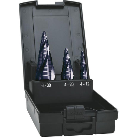 Set burghie HSS, in trepte, TiAIN, ADVANCED LINE® cu 4 caneluri spiralate, Ø 4-30mm, 3 buc, EXACT - sefira.ro