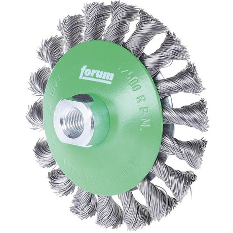 Perie de sarma din inox conica, sarma 0,5mm rasucita, 115x15mm, prindere M14x2, FORUM - sefira.ro