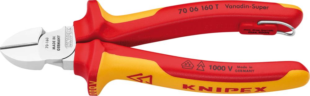 Side-cutting pliers, VDE insulated, with locking ring, 160 mm, two-component handles, KNIPEX