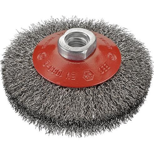 Perie de sarma conica, din otel, sarma 0,3 ondulata, 100x10mm, prindere M14, FORUM - sefira.ro