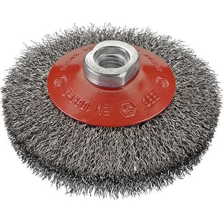 Perie de sarma conica, din otel, sarma 0,3 ondulata, 100x10mm, prindere M14, FORUM - sefira.ro