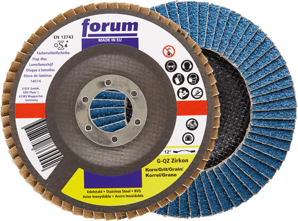 Flap disc for steel and stainless steel, 115mm, grit 40, 12° curved, zirconia corundum, FORUM