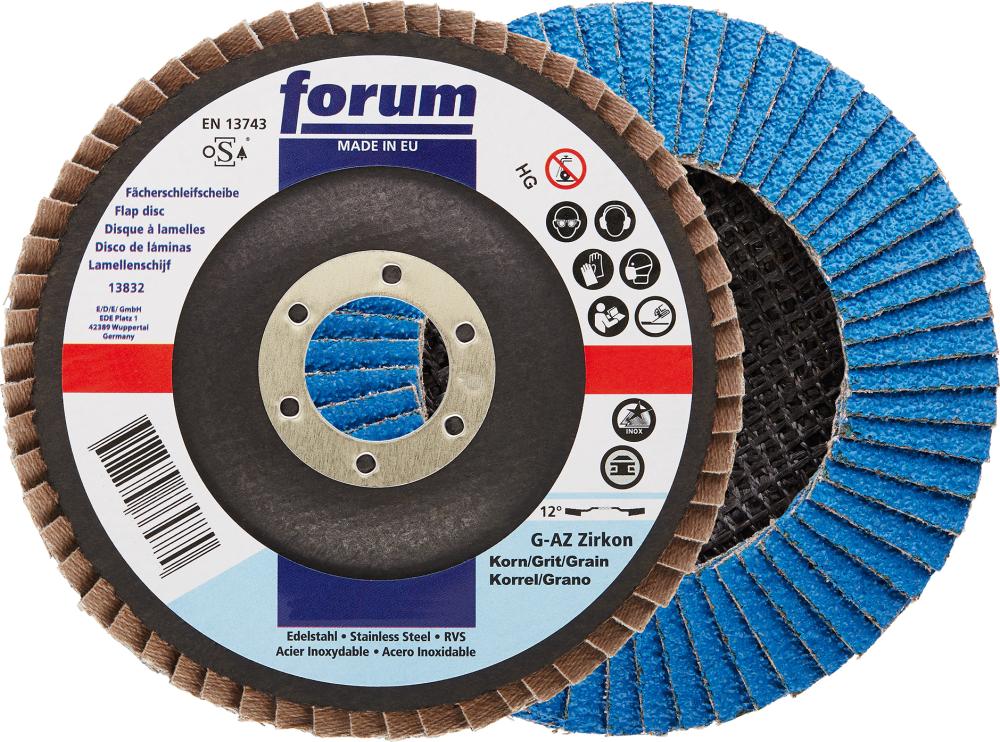 Flap disc for stainless steel, aluminum, non-ferrous metals 115mm, grit 40, curved 12 °, zirconium corundum, FORUM