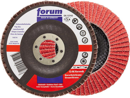 Flap disc for steel, stainless steel, 115mm grit 40, 12° curved, ceramic grit, FORUM