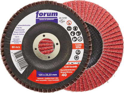 Flap disc for steel, stainless steel, 115mm grit 40, 12° curved, ceramic grit, FORUM