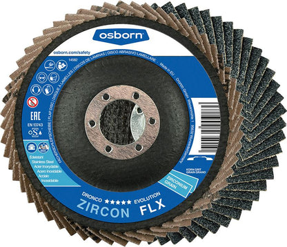 Flap disc for steel, stainless steel, 115mm, straight, grit 40, zirconium-corundum, Dronco