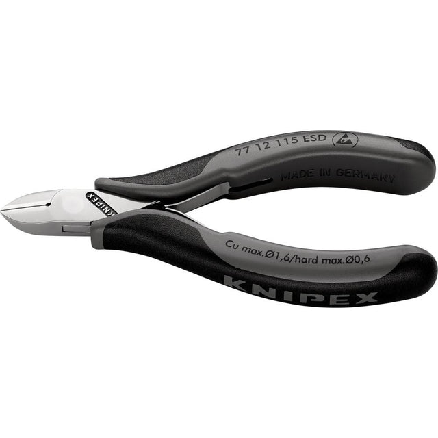 Cleste ESD cu tais lateral, pentru electronisti, 115mm, cap rotund, cu faseta si clema de sarma, 77 12 115 ESD, KNIPEX - sefira.ro