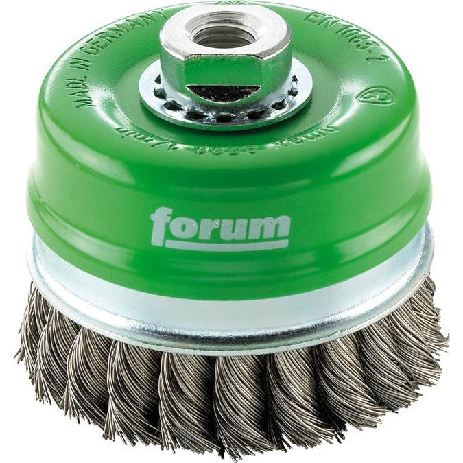 Perie de sarma din inox tip oala, sarma 0,5mm rasucita, inel protectie, Ø perie 80mm, prindere M14x2, FORUM - sefira.ro