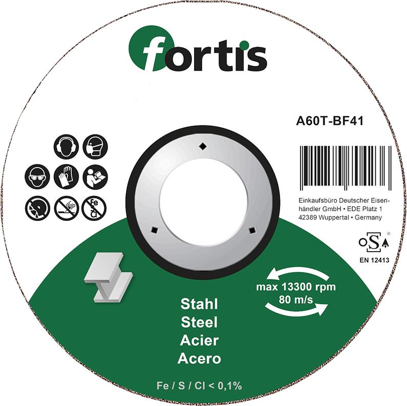 Cutting disc for steel and stainless steel, 115x1.0mm, straight, FORTIS