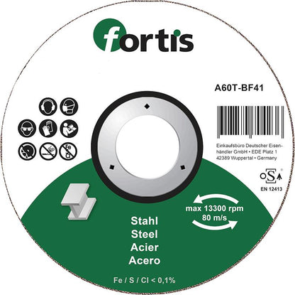 Cutting disc for steel and stainless steel, 115x1.0mm, straight, FORTIS