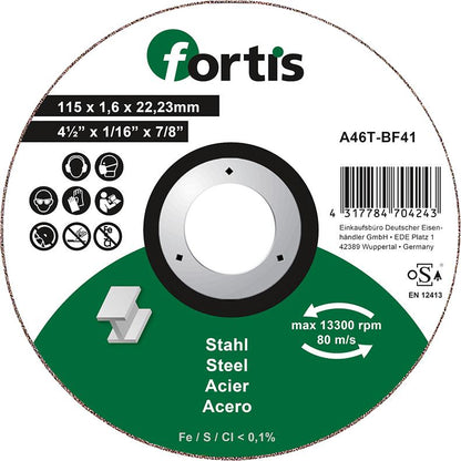 Cutting disc for steel and stainless steel, 115x1.0mm, straight, FORTIS