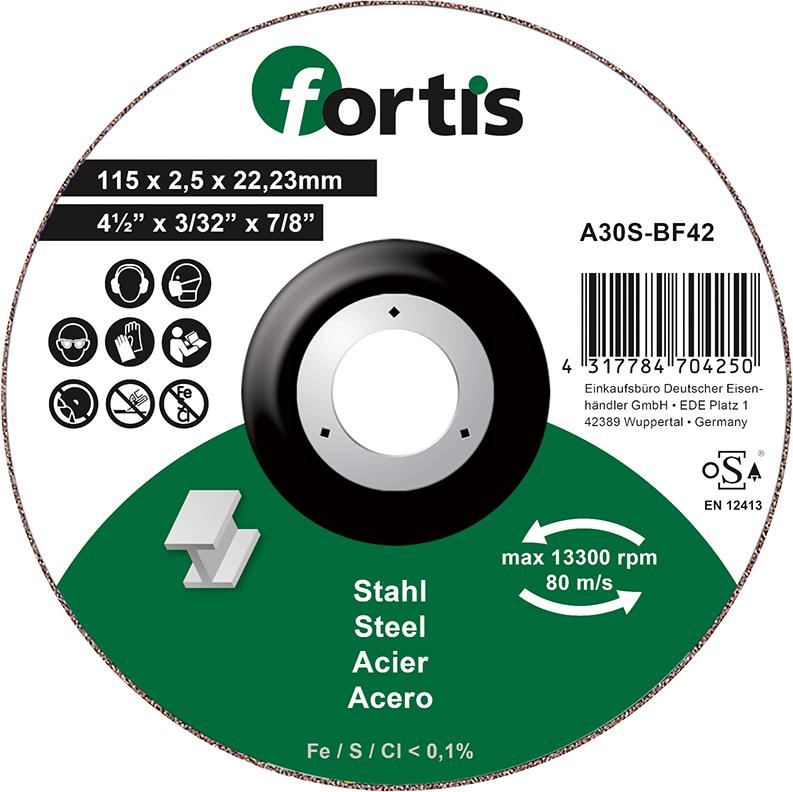 Cutting disc for steel and stainless steel, 115x1.0mm, straight, FORTIS