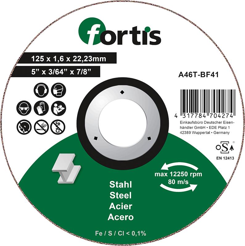 Cutting disc for steel and stainless steel, 115x1.0mm, straight, FORTIS