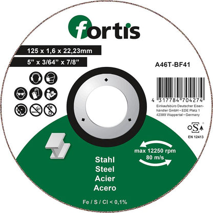 Cutting disc for steel and stainless steel, 115x1.0mm, straight, FORTIS