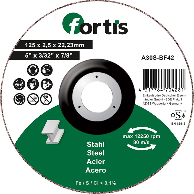 Cutting disc for steel and stainless steel, 115x1.0mm, straight, FORTIS