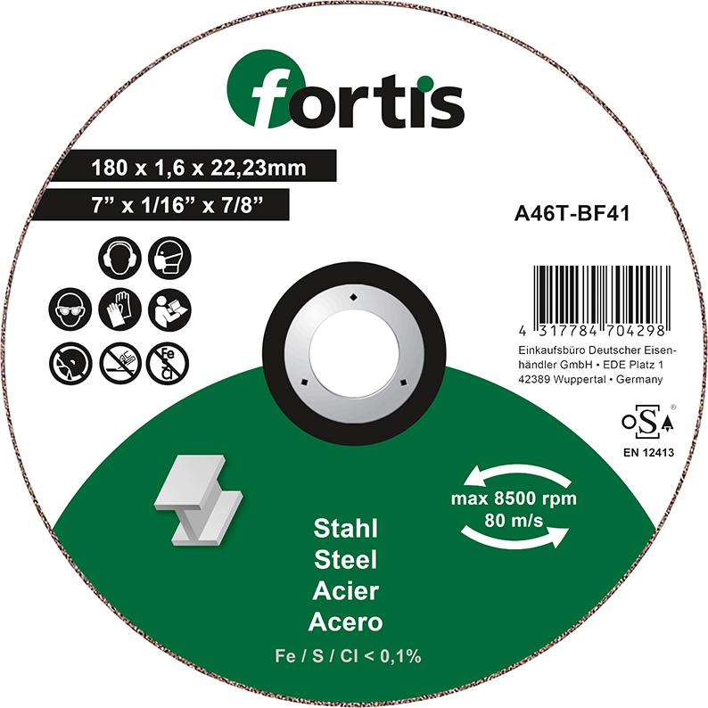 Cutting disc for steel and stainless steel, 115x1.0mm, straight, FORTIS