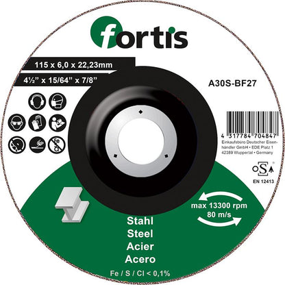 Grinding disc for steel, 115x6.0mm, curved, FORTIS